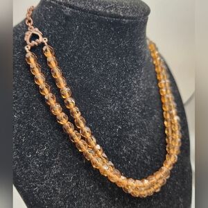 Vintage 1928 two strand necklace Amber Colored Faceted Beads Copper Chain